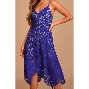 Lulu's One Wish Royal Blue Lace Midi Dress Sz Large NWT Cocktail Wedding Guest